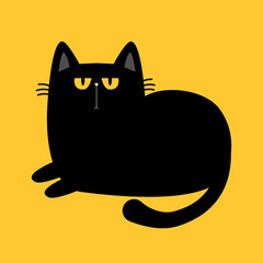 Laying cat. Cute Funny kitten with yellow eyes. Sad face head. Black silhouette icon. Kawaii pet animal. Cartoon funny character. Childish style. Happy Halloween. Flat design. Yellow background Vector