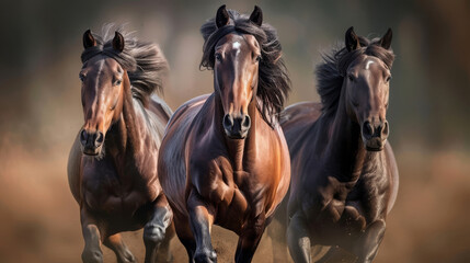 Front view of three dark bay horses running together, their manes flowing dramatically. A display of strength, speed, and unity against a blurred background