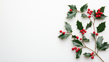 Fototapeta premium A vibrant holly branch with red berries and green leaves on a white background.