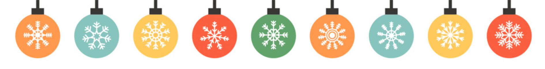 Christmas ball set. Christmas tree toy decoration. Round shape. Different color, snow flake pattern. Cute colorful bauble toy collection. New Year sign symbol. Flat design. White background. Vector