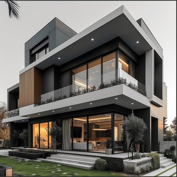 A modern and energy zero multiplex house with 3 floors and cladding material for buildings are horizontal black and white tone with sun room and a single slope roof.