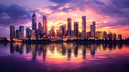 Fototapeta premium Frontal view of a city skyline during sunset, watercolor technique with soft blending of purples, reds, and golds, buildings illuminated with warm light reflections