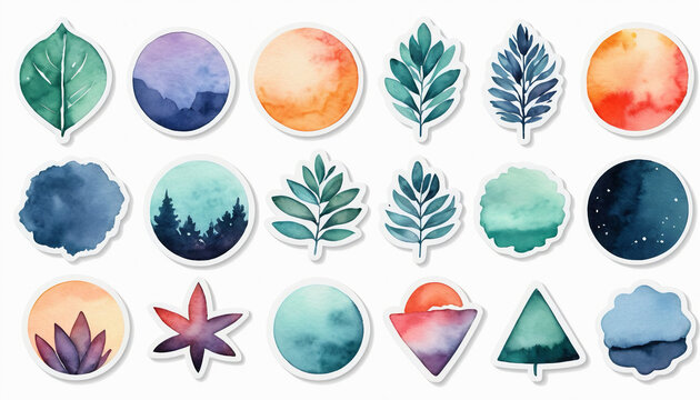 Colorful set of watercolor stickers featuring autumn leaves and abstract shapes, perfect for scrapbooking, card making, and other creative projects.