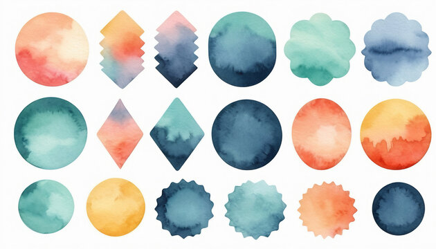 Colorful set of watercolor stickers featuring autumn leaves and abstract shapes, perfect for scrapbooking, card making, and other creative projects.