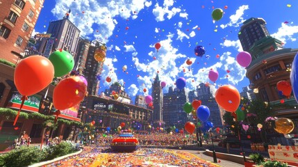 A vibrant city scene filled with colorful balloons and confetti under a bright sky.