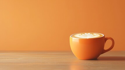 A latte art presentation in an orange cup with available space for text.