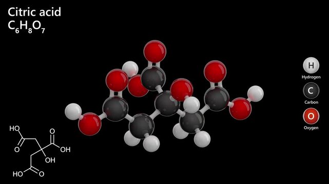 Molecule of Citric Acid. E330 Food additive. Organic weak acid. Molecular formula: C6H8O7. 3D model. Ball and sticks. Black background. 3D rendering. Seamless loop.