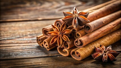 Close-up of cinnamon sticks and star anise on a rustic wooden surface, spices, aromatic, cooking, ingredients, baking, flavor