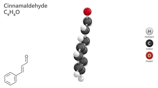 Cinnamaldehyde. Cinnamon. Animated 3D model of a molecule. Molecular formula: C9H8O. Chemical model: Ball and stick. White background. 3D rendering.