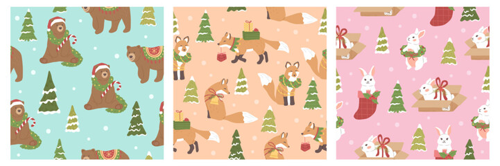 Collection of Winter Christmas forest animals seamless pattern vector illustration