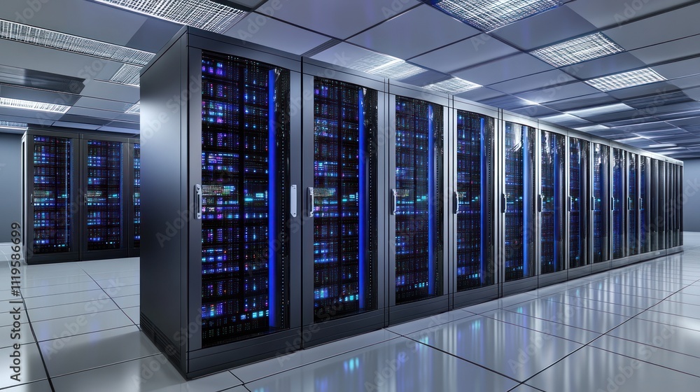 Wall mural modern data center with rows of server racks, illuminated with blue lights, showcasing advanced tech