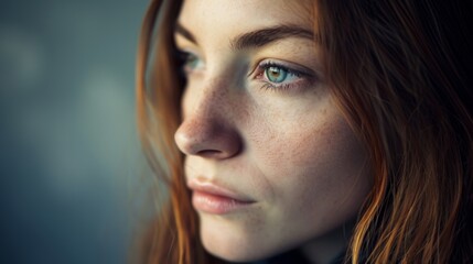 Fototapeta premium A close-up of a freckled woman with auburn hair and green eyes, gazing wistfully into the distance. Soft lighting highlights her delicate features and melancholic expression