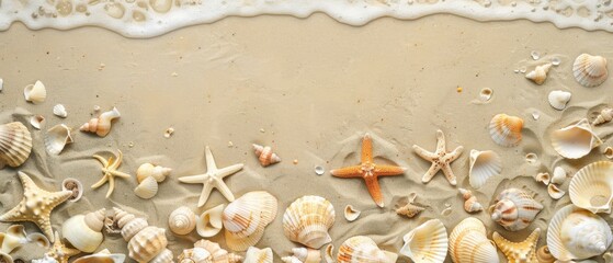 Fototapeta premium Vibrant shells and starfish are scattered across a sandy shoreline, kissed by gentle waves, capturing the essence of seaside tranquility.