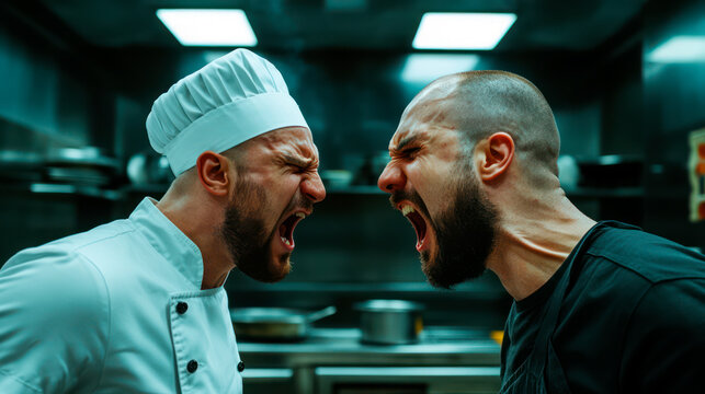 Two furious chefs yelling at each other's face in commercial kitchen