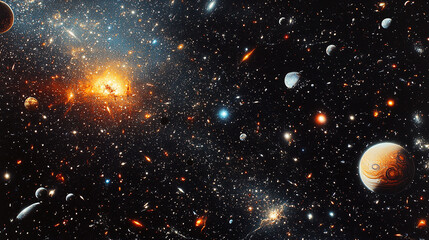 Galaxy with a bright orange star in the middle. There are many stars and planets in the sky