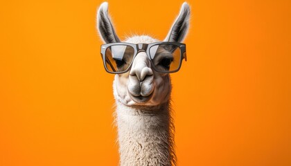 Obraz premium A llama sporting sunglasses against an orange background in a panoramic layout.