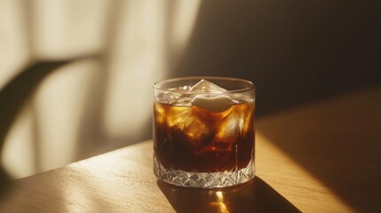 Iced coffee in a rocks glass on a wooden table, sunlit.
