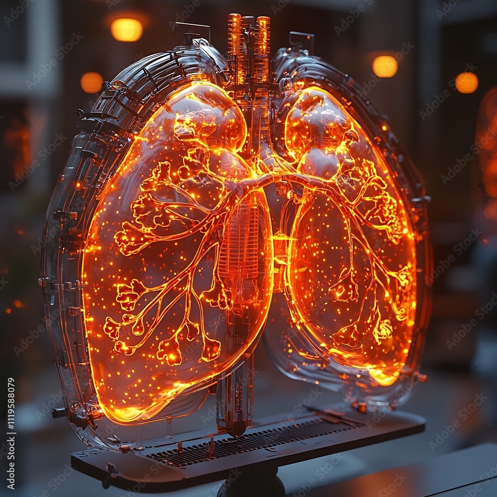 Poster glowing synthetic bio lung on digital display showcasing regenerative abilities