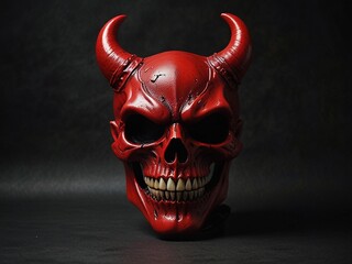 Red Oni Mask for Japanese Festival or Ceremony,Scary red devil face with horns and a tail in the middle of a dark background.