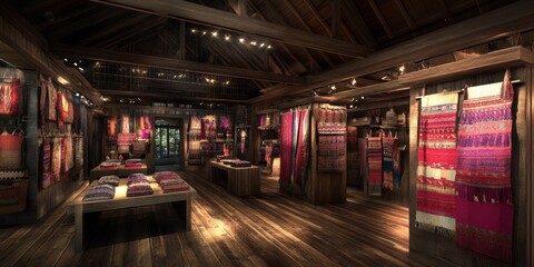 A vibrant textile shop showcasing colorful woven fabrics and decorative items.