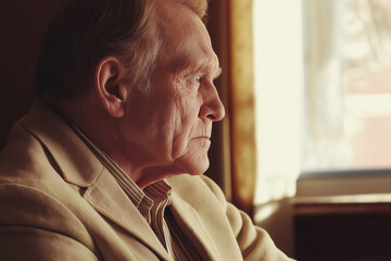 Elderly Caucasian man in thoughtful profile by window light