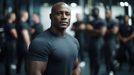 Fitness trainer standing proudly in front of gym staff engaging in various activities, showcasing leadership.