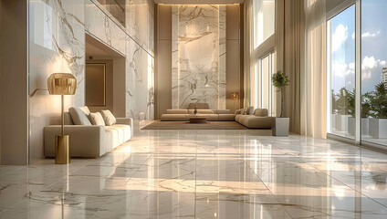 Interior design of apartment with modern luxury concept. Add lightings. Color beige, grey, green, wood and marble.