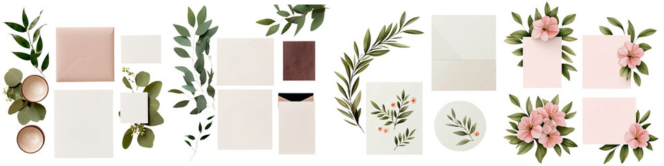 Fototapeta premium Wedding watercolor and soft bride, A collection of elegant stationery elements featuring floral designs and various card shapes in soft colors.