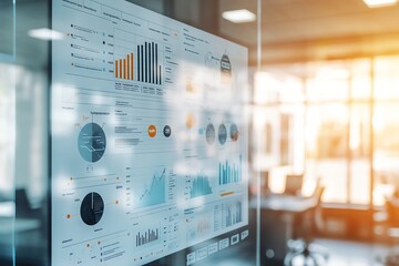 Modern infographic on glass board in bright office setting