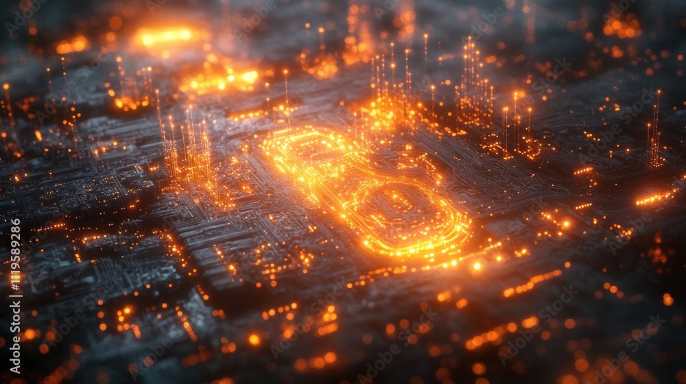 Aufkleber a glowing 3d rendering of a chain link symbol on a futuristic circuit board.