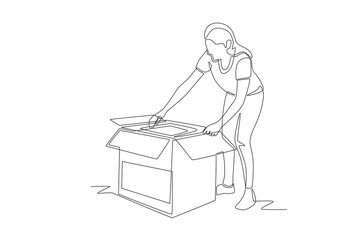 Woman packs toys for donation. Organizing toy drives concept one-line drawing