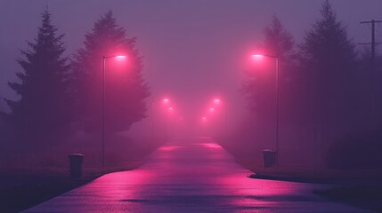 Pink-lit foggy road at night.