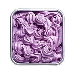 Obraz premium Extreme top view of hyper realistic blueberry cheesecake gelato ice cream spread across a gelato steel tray isolated on a white transparent background