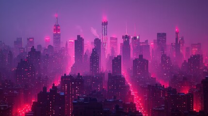 Fototapeta premium Pink-lit city skyline at night, shrouded in fog.