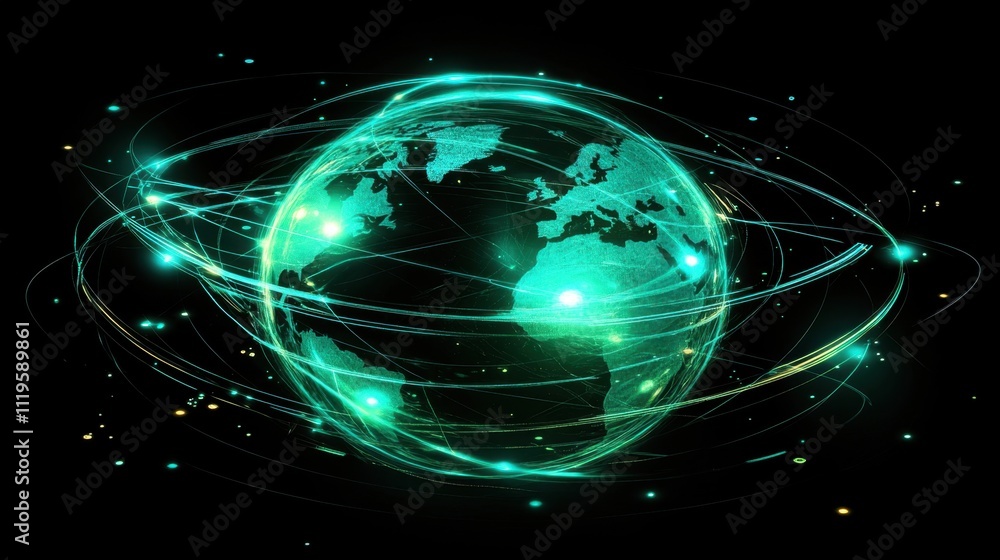 Aufkleber futuristic network concept: illuminated globe encircled by glowing lines and vibrant technological n