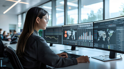 Women with multiple screens showing demographic data analysis, fairness metrics, testing frameworks, modern research office, professional academic environment, collaborative space visible.
