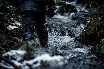 Obraz premium A person is walking through a stream in the woods