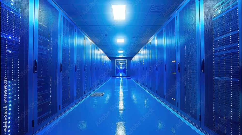 Aufkleber in a data center, blue lighting, with rows of servers and blinking network equipment creating a futu