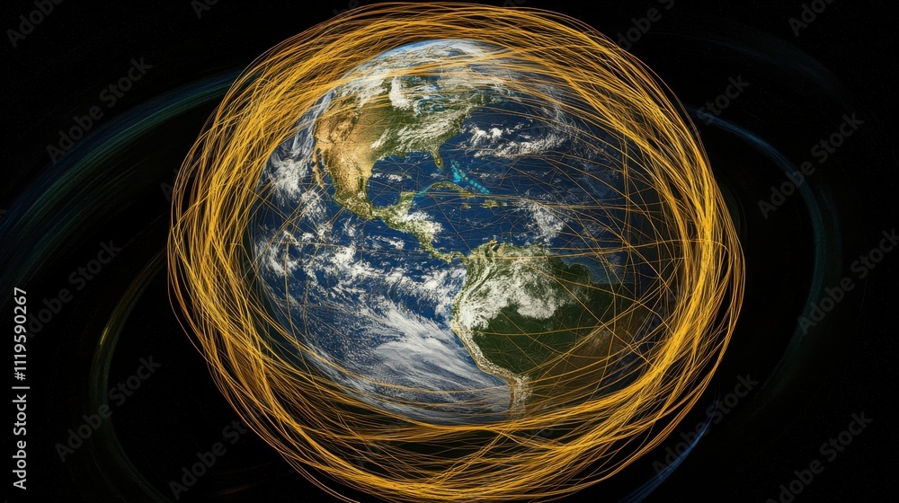 Aufkleber global logistics and tech visual: radiant connection lines forming a web around earth.