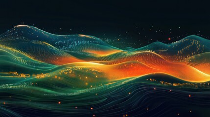 Abstract glowing wave, vibrant teal, orange, and gold particles on dark background.