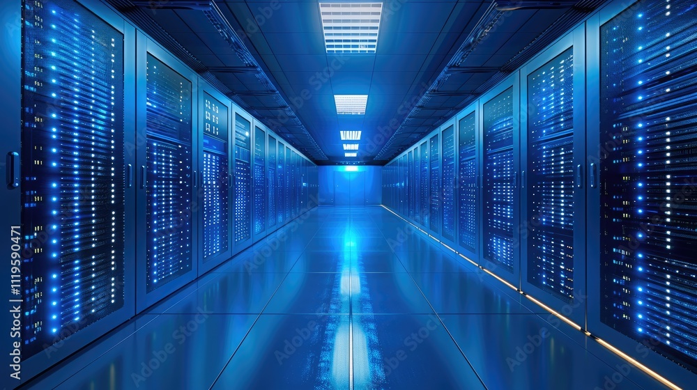 Leinwandbilder in a data center, blue lighting, with rows of servers and blinking network equipment creating a futu