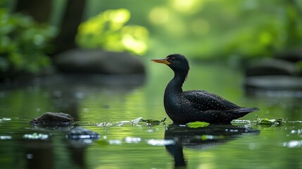 Fototapeta premium Serene Black Waterbird Gliding Through a Tranquil Pond Surrounded by Lush Greenery and Soft Reflections of Nature in a Peaceful Setting
