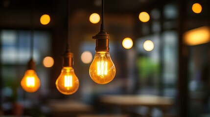 Three glowing Edison light bulbs hanging in a dimly lit cafe.