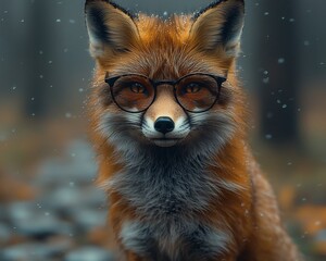 Fototapeta premium Curious Fox Wearing Glasses in Enchanted Foggy Forest Landscape