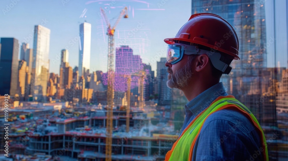 Aufkleber hardhat engineer reviews building schematics through a virtual reality overlay on a bustling constru