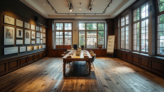 A small exhibition room. One wall displays a lot of historical materials. There is a conference table in the middle of the room. It has a wooden floor. other wall is full of windows. It is high-end.
