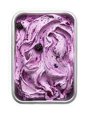 Obraz premium Extreme top view of hyper-realistic blueberry basil gelato ice cream spread across a gelato steel tray isolated on a white transparent background