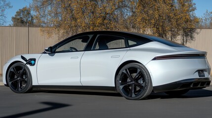 A sleek, modern electric vehicle parked, showcasing its design and charging capability.