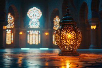 Ornamental Arabic lantern with burning candle glowing at night. Festive greeting card, invitation for Muslim holy month Ramadan Kareem.
