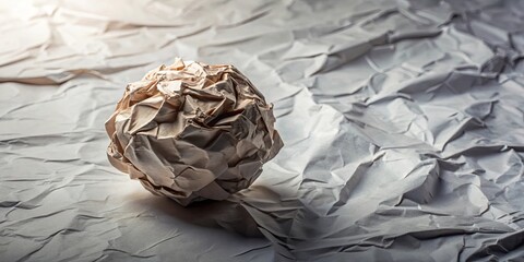 A crumpled paper ball rests on a textured surface, symbolizing discarded ideas or a brainstorming session.